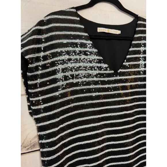 Marie Oliver Dress M Navy White Stripes Sequins New Years Party Cocktail - Picture 5 of 5